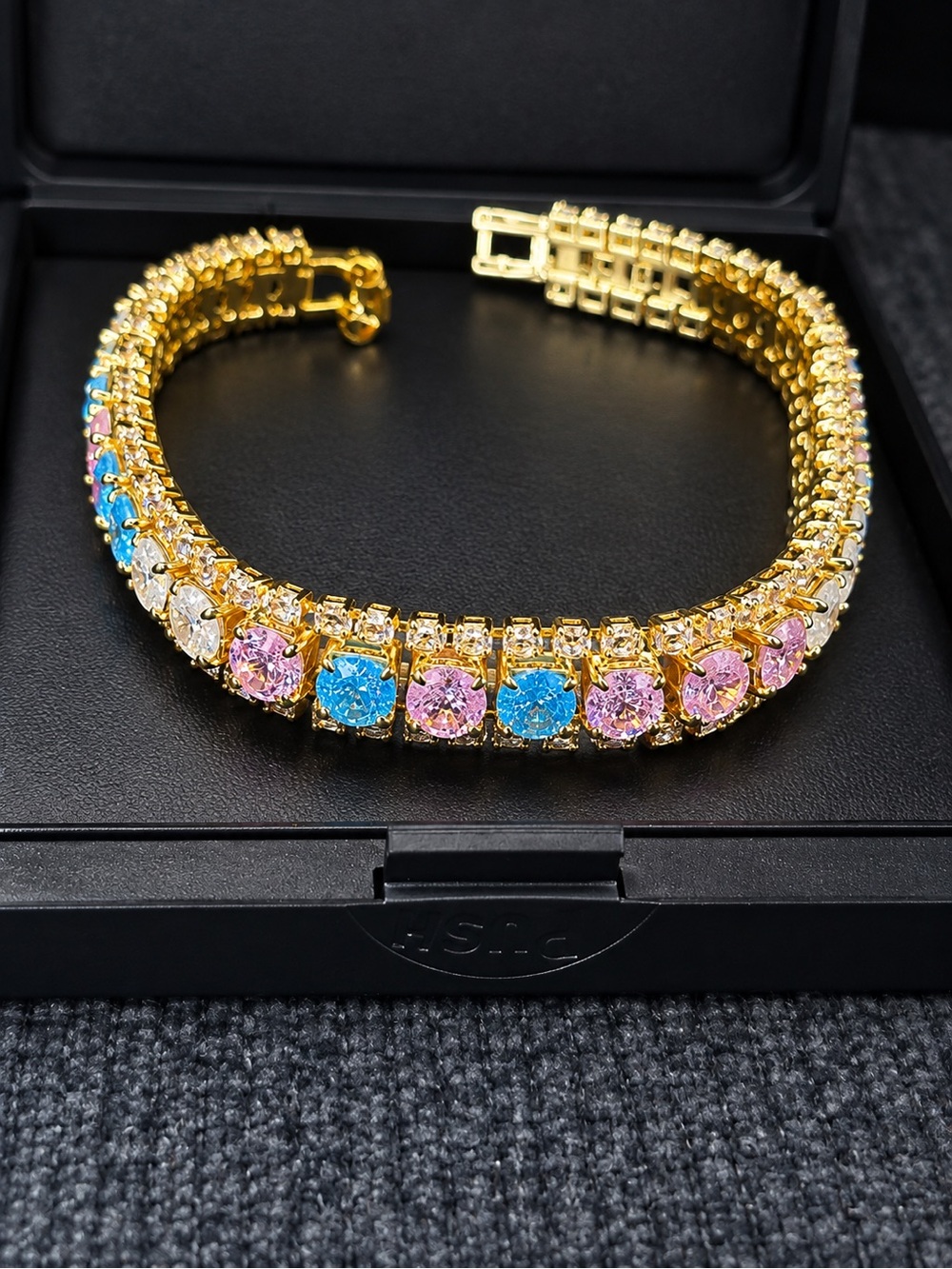 Gold Candy Tennis Bracelet with Pink and Blue Stones